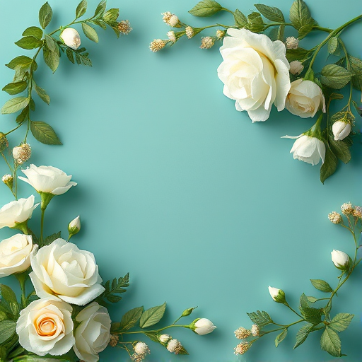 Create a high-resolution floral frame on a teal background with white roses, greenery, and gold accents, using a Canon EOS R5, 50mm lens, f/2.8 aperture, ISO 100, and a soft focus style for a dreamy effect.