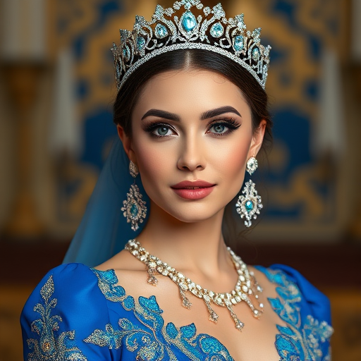 A gorgeous Kyrgyz woman in a luxurious blue gown, accessorized with a dazzling tiara and statement earrings, her deep blue eyes highlighted by impeccable makeup, poised in a royal setting, photorealistic, 8K quality