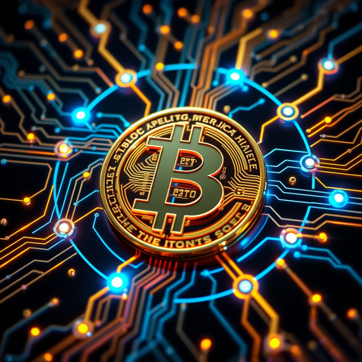 Imagine a Bitcoin symbol (₿) intricately designed as part of a futuristic, glowing circuit board. The ₿ is central, composed of metallic gold and silver lines, seamlessly blending into the web of circuits surrounding it. Blue and green LED-style lights trace through the circuits, making it look like Bitcoin is powering a digital network. The background is dark, with neon accents highlighting the tech vibe, symbolizing the digital and decentralized nature of Bitcoin