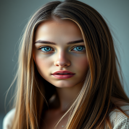 Generate a hyper-realistic portrait of a young woman with long, straight hair and striking blue eyes, using a Canon EOS R5 camera, 50mm lens, f/1.8 aperture, ISO 100, in soft studio lighting with a bokeh background for an ethereal effect.