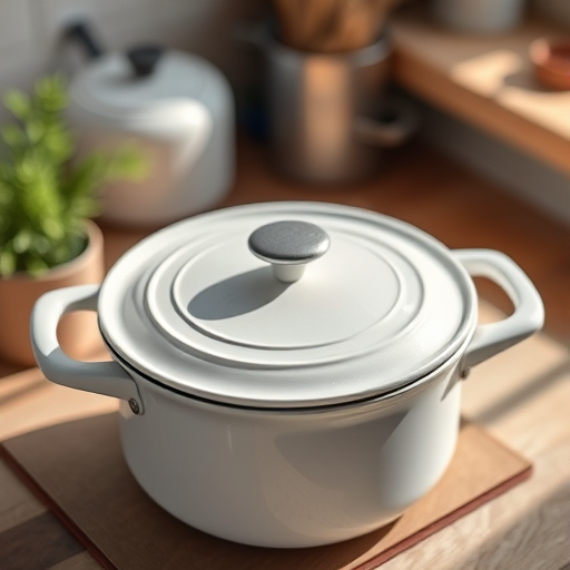 Create a high-resolution image of a white cooking pot with a lid, using a shallow depth of field to blur the background, shot with a 50mm lens at f/2.8, in natural light, with a top-down view, using a DSLR camera.