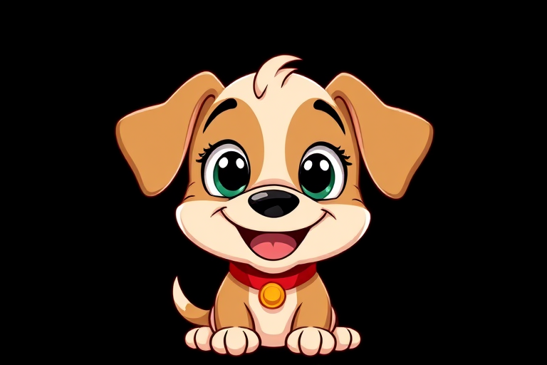Create a cartoon illustration of a happy, playful puppy with big eyes and a red collar, using a digital illustration style with vibrant colors, set against a plain black background, captured with a high-resolution camera at 50mm focal length, f/2.8 aperture, and ISO 100 for enhanced clarity and detail.