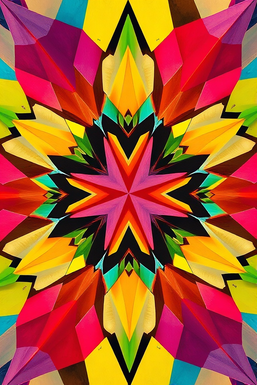 Create a high-resolution image of an abstract geometric pattern with vibrant colors and sharp edges, using a DSLR camera with a 50mm lens at f/1.8, ISO 100, and a shutter speed of 1/125s, shot from a top-down view in natural lighting to enhance detail and clarity.