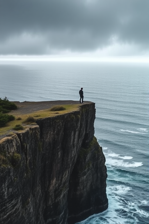 Dramatic coastal cliff, with waves crashing below, a solitary figure standing at the edge, taking in the breathtaking view of the ocean and horizon.