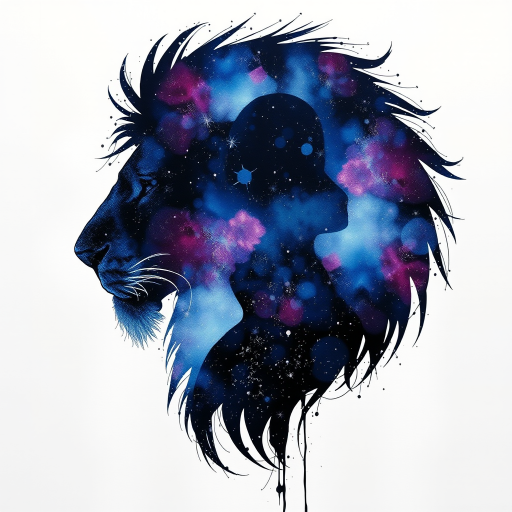Captivating conceptual render alcohol ink art, double exposure, the paint strokes artfully merge combining a woman's full silhouette with a Jolly jellyfish's silhouette. The figures are composed of a series of colored dots, lines & spots that evoke the image of a cosmic galaxy, colors are deep shades of blue purple & black with flashes of white & silver representing distant stars. The woman's silhouette is formed within the lion's silhouette from constellations of scattered stars, surreal