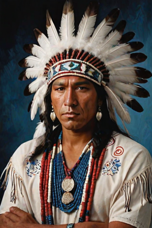 Create a dignified portrait of a Native American man dressed in traditional attire. He wears a beautifully crafted headdress adorned with white feathers and red beads, along with a beaded headband featuring intricate patterns. His clothing includes a deep blue, patterned shirt and a traditional chest piece with detailed beadwork. His arms are crossed, displaying leather armbands decorated with feathers. The background is simple and neutral, emphasizing his proud and stoic expression. The overall image captures the rich cultural heritage and strength of his persona.
