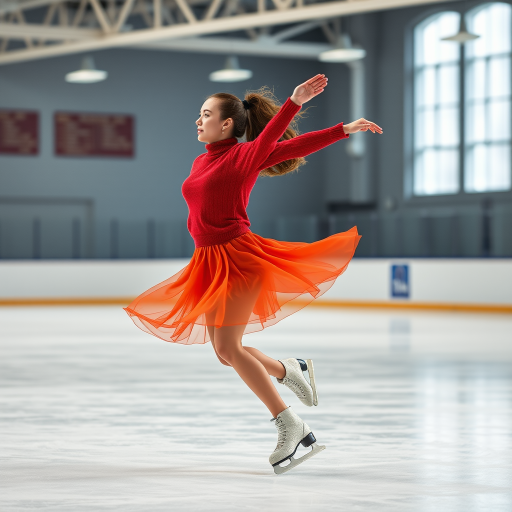 Regenerate an image of a female figure skater in a red sweater and orange skirt, performing a graceful spin on ice, shot with a DSLR camera at f/2.8, ISO 200, 1/1000 sec, 50mm lens, in a bright indoor ice rink with a shallow depth of field.