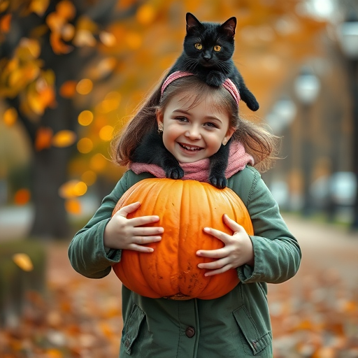 A cheerful girl wearing a green coat and pink scarf, joyfully carrying a large pumpkin with a black cat on top, surrounded by falling leaves and softly glowing lights, captured in high resolution with a DSLR camera, 50mm lens, f/2.8, natural lighting, shallow depth of field.