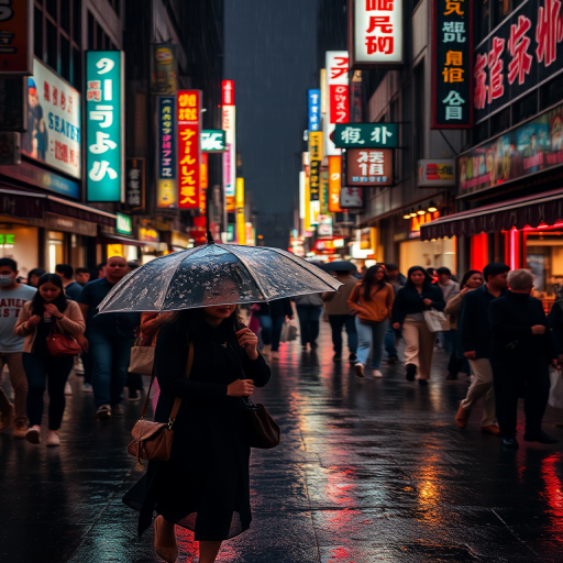 Crowded city street at night, the neon lights of shops and signs glowing against the wet pavement, a woman walks quickly, her umbrella shielding her from the rain.
