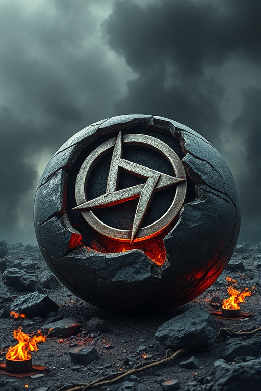 Create a highly detailed and dramatic image of a metallic anarchy symbol embedded in a cracked stone sphere, surrounded by a smoky, apocalyptic landscape with fiery accents, captured with a DSLR camera at f/2.8, ISO 100, 1/125 sec, using a wide-angle lens to enhance depth and perspective.