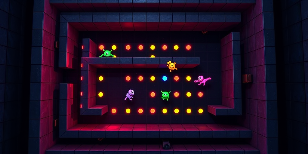 Create an enhanced digital illustration of a classic arcade game maze featuring colorful pixelated characters chasing dots, using a Canon EOS R camera with a 24-70mm lens, f/2.8 aperture, ISO 100, 1/60s shutter speed, top-down view, bright vibrant colors, and a high saturation style for improved image quality.