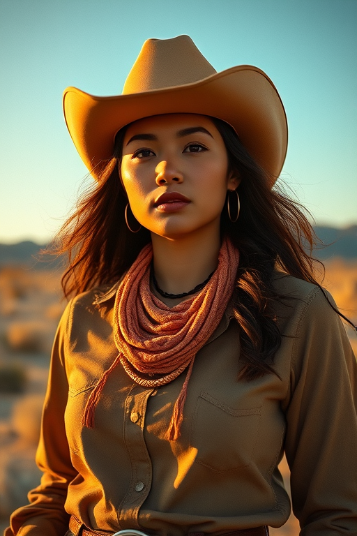 Dramatic photo of a beautiful Filipino woman, classic cowboy attire, confident and free spirit expression, half-length portrait, centered, golden hour desert landscape, warm, diffused light, low angle, medium format film camera, in style of Annie Leibovitz.