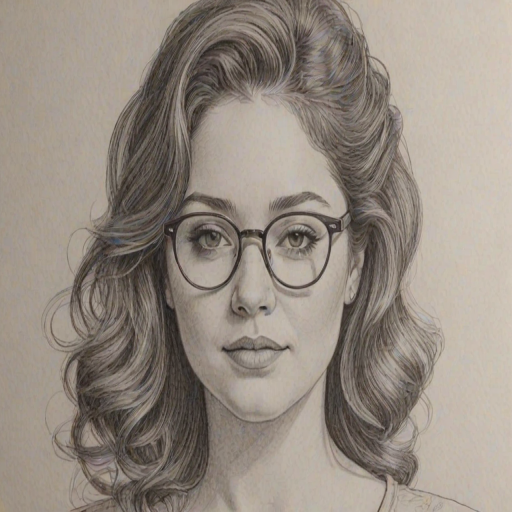 Sublime Kether Donohue, pencil sketch, portrait of Wonderful woman 1973s in glasses, hair style beatnik, outline, clear lines, fine lines, 8k