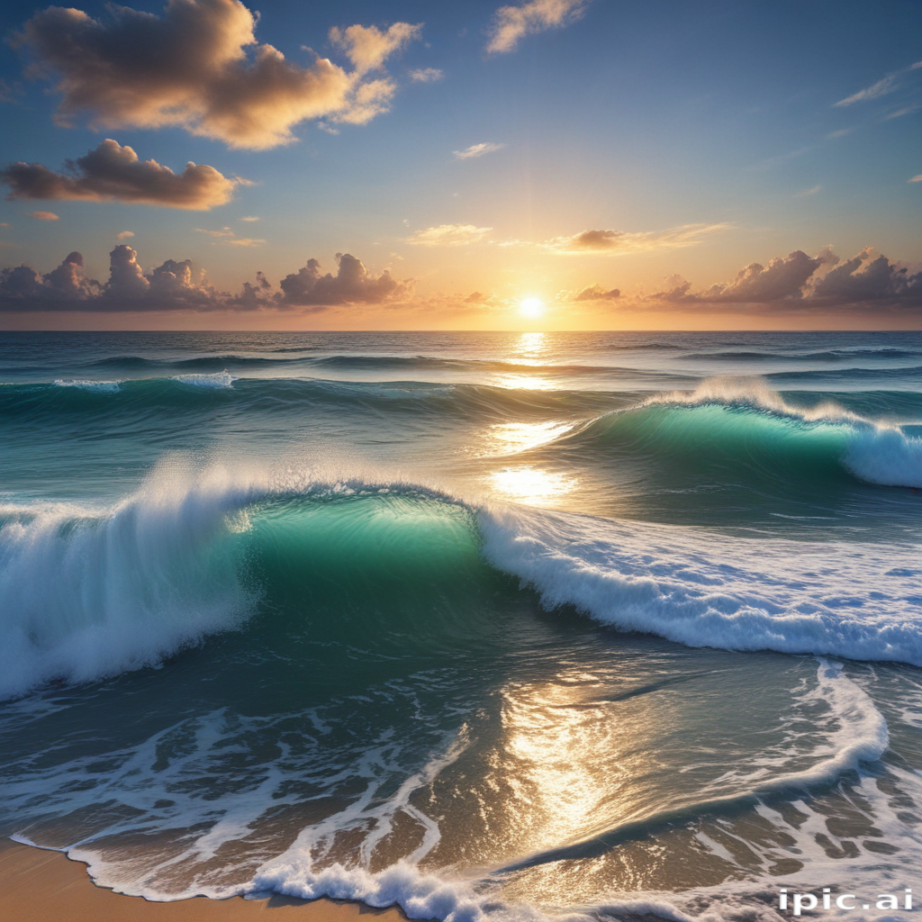 Serene Sunrise Over Gentle Waves with Golden Reflections on Ocean Surface