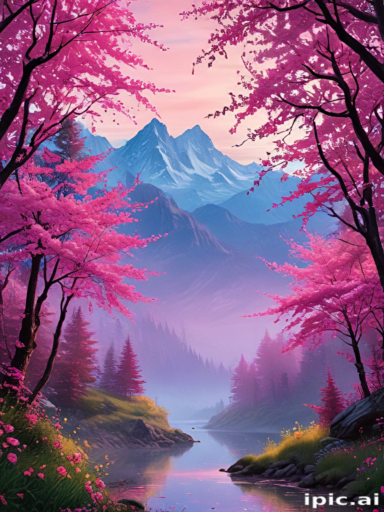 A Tranquil Mountain Landscape Surrounded by Vibrant Pink Cherry Blossoms.
