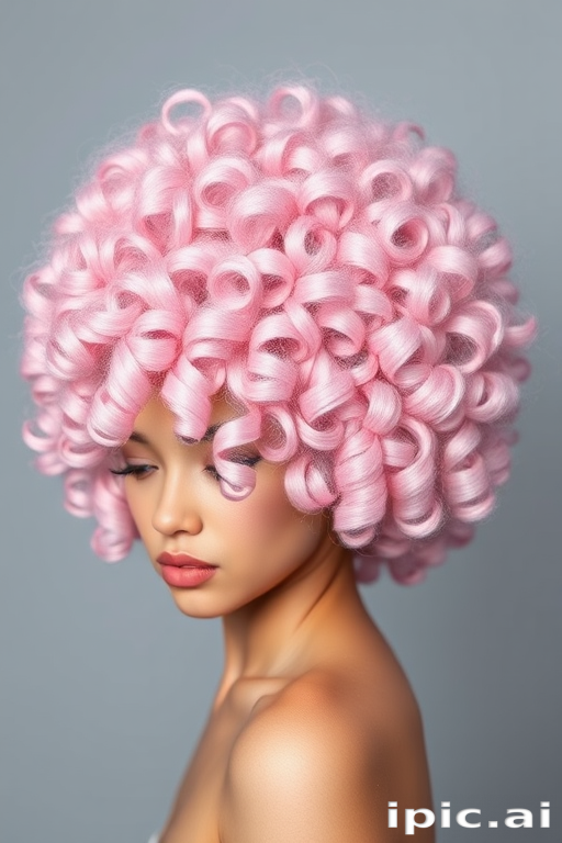Whimsical cotton candy pink curls in a voluminous afro shape, crafted by Bubblegum Cloud, showcasing perfectly defined spirals with subtle lavender and periwinkle accents throughout