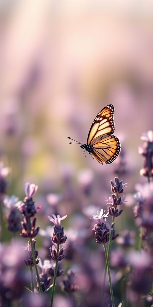 Generate an image of a butterfly hovering in a field of lavender flowers, with soft sunlight filtering through the scene, creating a dreamy and serene atmosphere. The lavender blooms should be in various shades of purple, with a blurred background to emphasize the butterfly and flowers in the foreground.