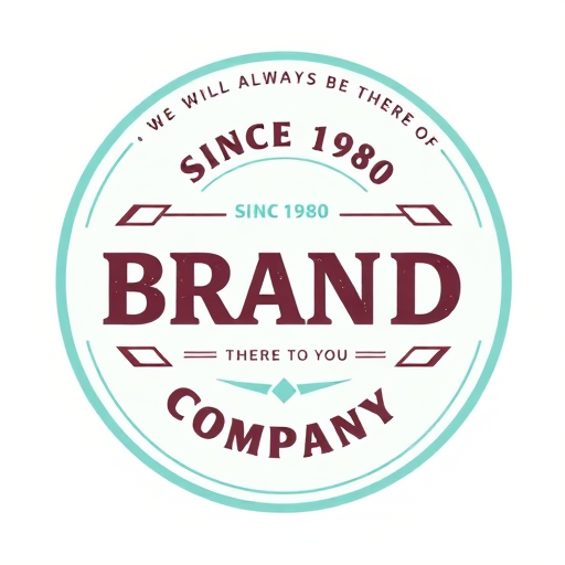 Create a high-resolution circular logo design featuring a vintage style with a teal background, the text "Since 1980 Brand Company" prominently displayed in a bold font, include a banner that says "We will always be there for you" above, surrounded by a decorative border, captured with a DSLR camera at f/2.8 aperture, ISO 100, and a focal length of 50mm for sharp details and vibrant colors.