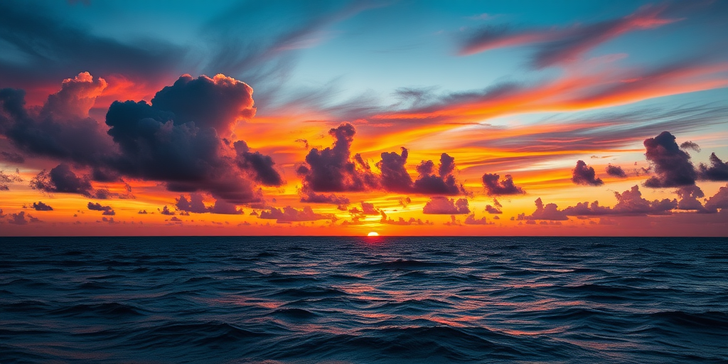 Generate a high-resolution image of a vibrant sunset over the ocean with dynamic clouds, captured with a Canon EOS 5D Mark IV, 24mm lens, f/8, ISO 100, 1/200s, wide-angle view, in landscape orientation.