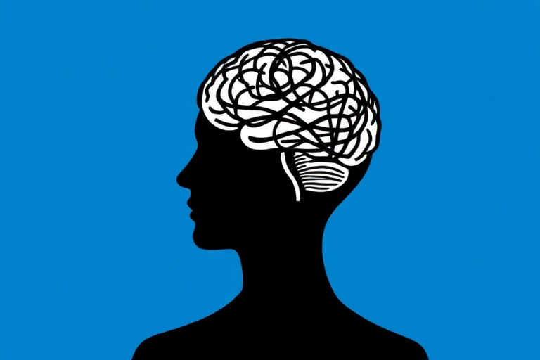 Create an illustration of a person communicating with a large silhouette of a head, featuring a tangled brain design, in a minimalist style with a bright blue background, using a DSLR camera at f/8, ISO 100, 50mm lens, natural lighting for sharp focus and enhanced color vibrancy.
