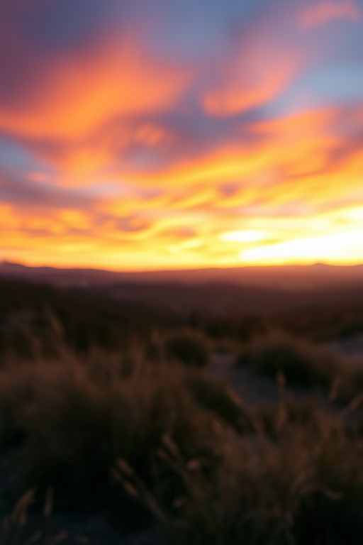 photograph of a serene landscape at sunset with vibrant colors in the sky, wide-angle view, taken with a DSLR camera, aperture f/8, ISO 100, shutter speed 1/125s, focus on foreground details with soft bokeh effect in the background
