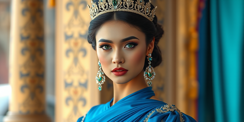 A gorgeous Bhutanese woman in a luxurious blue gown, accessorized with a dazzling tiara and statement earrings, her deep green eyes highlighted by impeccable makeup, poised in a royal setting, photorealistic, 8K quality