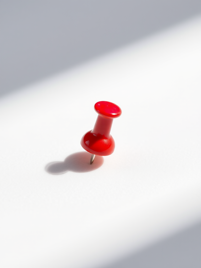 Create a high-resolution image of a glossy red pushpin on a white background with soft shadows, using a DSLR camera set to aperture f/2.8, shutter speed 1/100 sec, ISO 100, shot from a macro view to enhance details and textures.