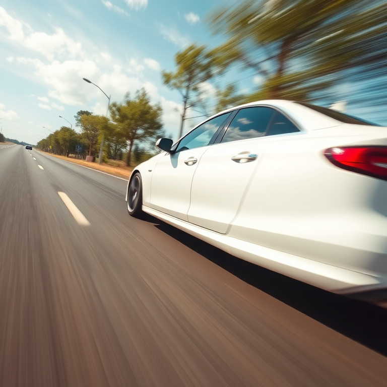 Capture a high-speed shot of a white car racing along a road, using a DSLR camera with a 50mm lens, settings at ISO 100, f/2.8, shutter speed 1/1000s, with a panning technique to create motion blur in the background and keep the car sharp, at an eye-level angle, during daytime for vibrant colors.