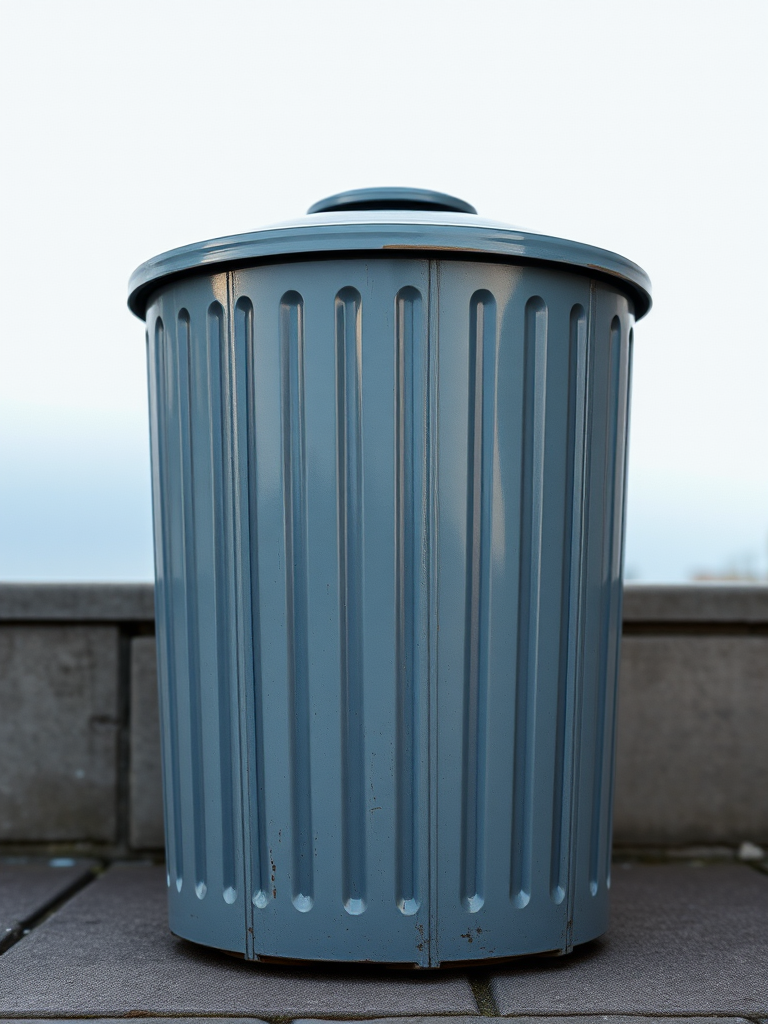 Regenerate a high-quality image of a classic round trash can with vertical stripes, taken from a low angle using a DSLR camera with a 50mm lens, aperture set to f/2.8 for a shallow depth of field, ISO 100 to minimize noise, and natural lighting for enhanced details.