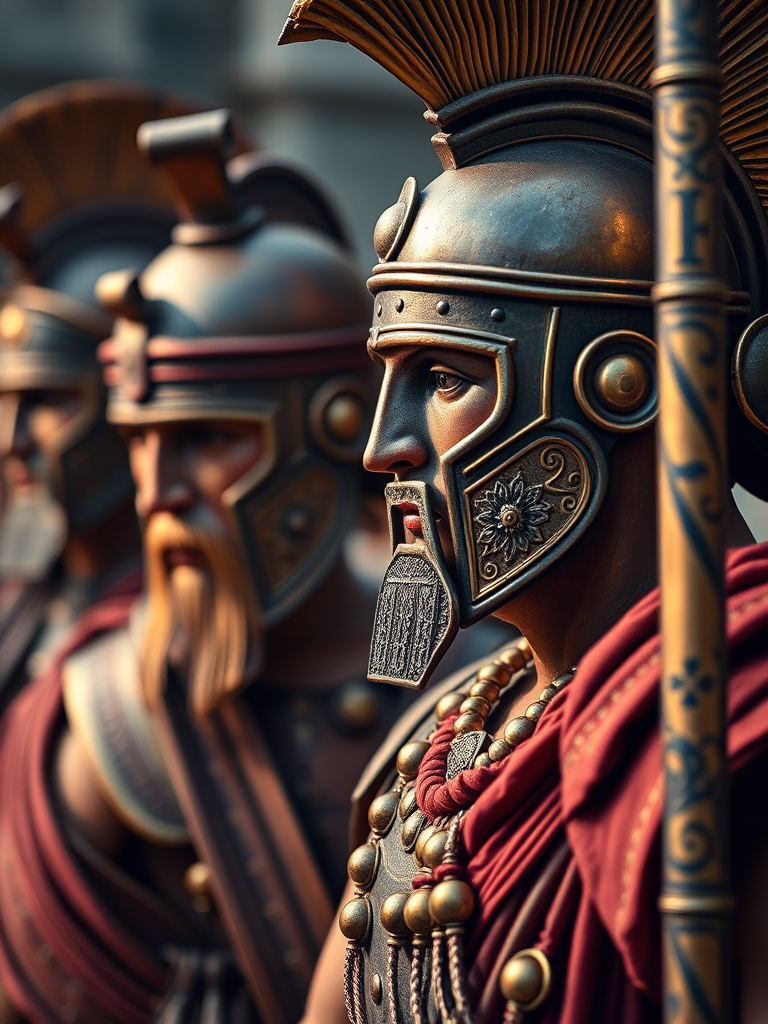 Create a high-resolution image of ancient Greek warriors in a stylized manner, using a DSLR camera with a 50mm lens at f/1.8, ISO 100, and 1/200 sec shutter speed, capturing a close-up view with vibrant colors and intricate details.