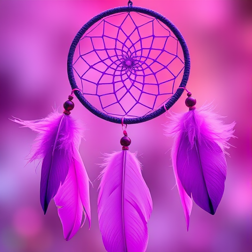 create a vibrant dreamcatcher with intricate details in shades of purple and pink, featuring three flowing feather embellishments, shot with a 50mm lens, f/2.8 aperture, ISO 100, soft focus background, high-resolution digital art style