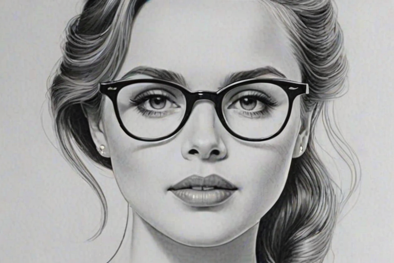 Enchanting Meaghan Martin, pencil sketch, portrait of Graceful woman 1950s in glasses, hair style beatnik, outline, clear lines, fine lines, 8k