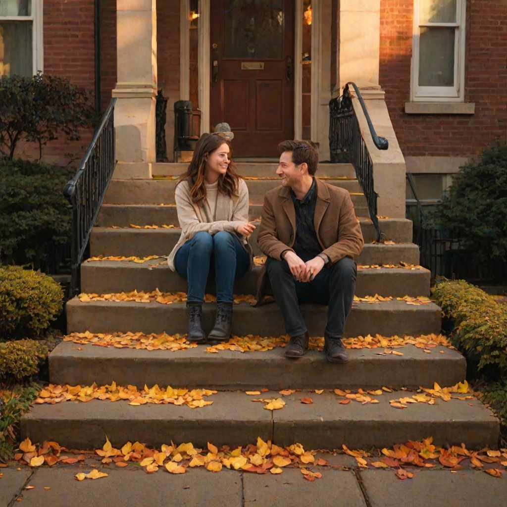 Warmly lit image of a couple sitting on the steps of an old brownstone, soft golden light from the setting sun casting long shadows, with vibrant autumn leaves scattered on the sidewalk.