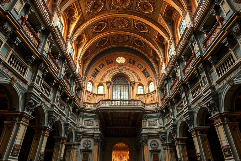intricate architectural design with ornate details and a symmetrical structure, captured with a DSLR camera at f/8, ISO 200, 24mm lens, with a wide-angle view, using HDR technique to enhance textures and depth