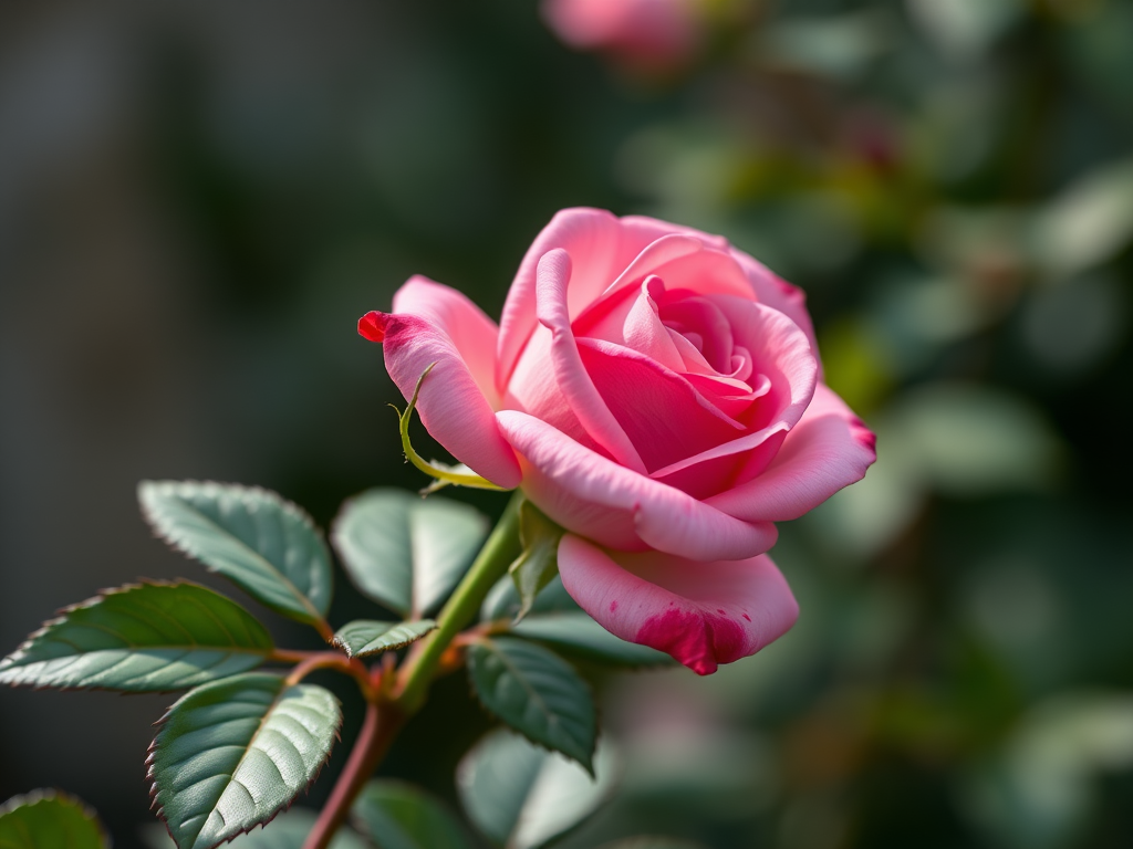 generate a hyper-realistic image of a pink rose on a stem with detailed leaves, shot from a close-up perspective using a DSLR camera at f/2.8 aperture, 50mm lens, ISO 100, and 1/200s shutter speed for enhanced clarity and depth of field