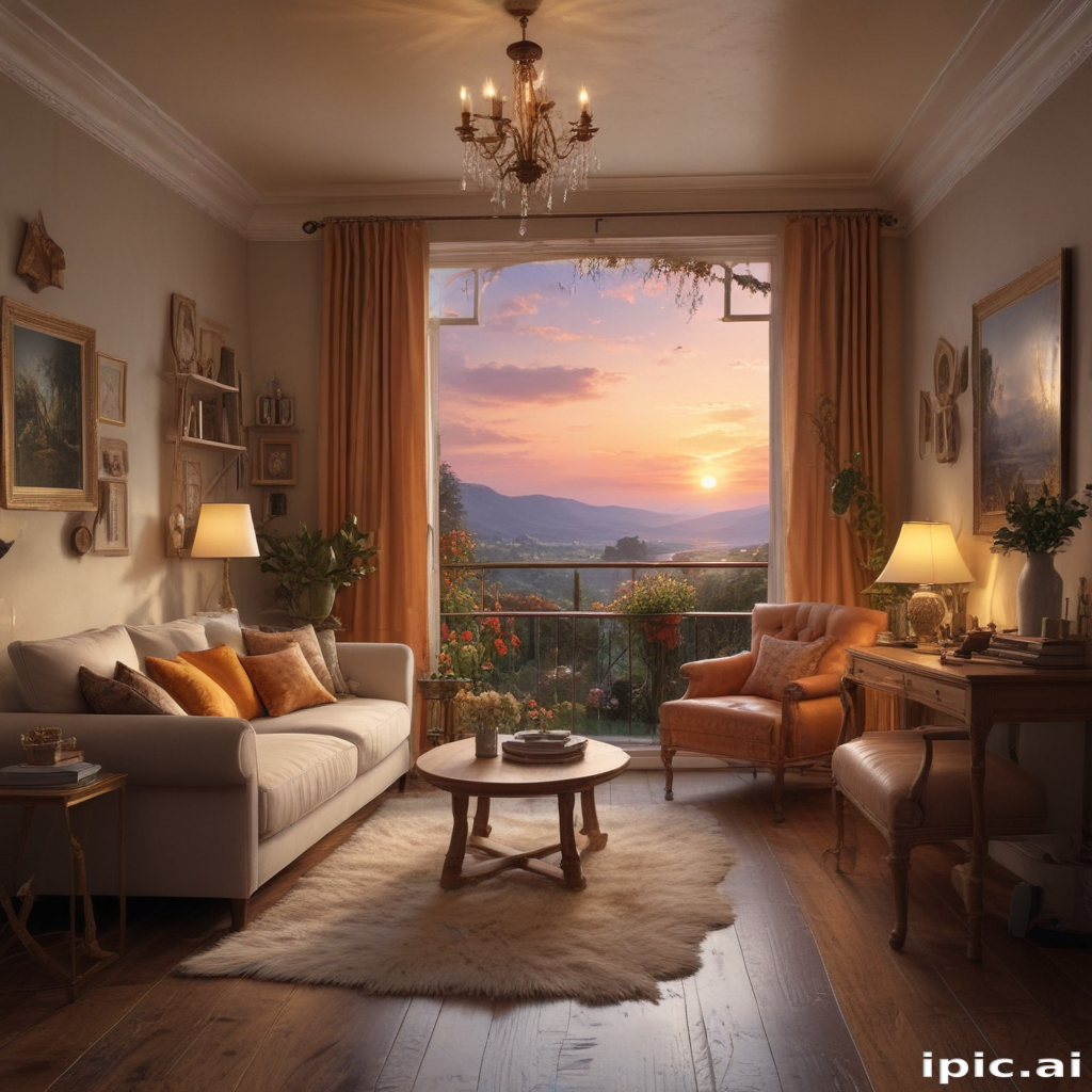 Cozy Living Room with Sunset View Over Scenic Mountain Landscape