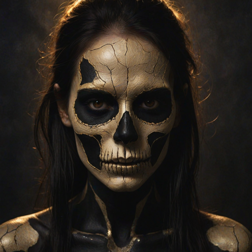 Create image featuring a close-up of a face painted like a skull. The skin is predominantly white with textured, cracked paint. The eye sockets are painted black, blending into the natural shadows of the eyes, creating a deep, hollow look. Bright, intense golden-yellow lights radiate from the eyes, casting a warm glow that contrasts with the cold, esoteric background. The nose is painted black in the shape of a spade. The mouth area features black lines extending from the corners, resembling a stitched effect. The face has sporadic black hair strands that frame it dramatically, adding to the eerie yet captivating feel. The background is blurred and dark, enhancing the focus on the face. Small, glowing orange embers are scattered sporadically across the image, contributing to the mysterious and magical atmosphere. The overall style is hyper-realistic with an emphasis on the contrast between light and dark elements, giving it an almost supernatural