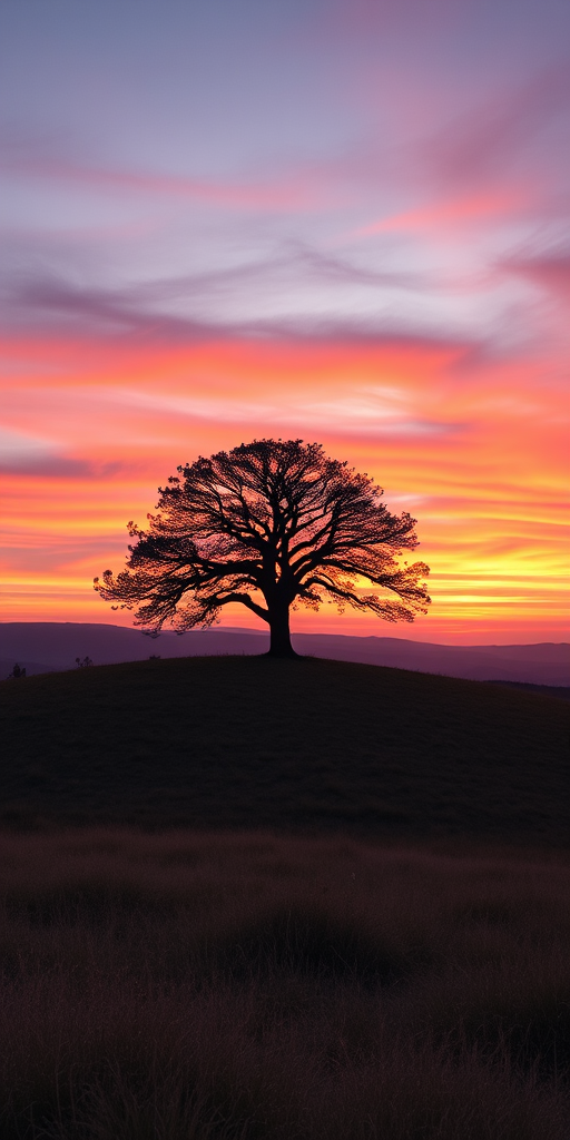 Create a high-resolution image of a minimalist landscape featuring a lone tree on a hill at sunset, with vibrant colors in the sky, taken with a DSLR camera at f/8 aperture, ISO 100, 1/250s shutter speed, shot from an eye-level angle, using a wide-angle lens for a broader perspective.