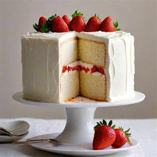 Create an image of a tall, layered white cake with a smooth white frosting. The cake should have a filling of strawberries and cream visible in the cut section. Decorate the top with a fresh strawberry and a swirl of whipped cream. Include a slice of the cake on a plate beside it, showcasing the layers and filling. The background should be simple and light to emphasize the cake.