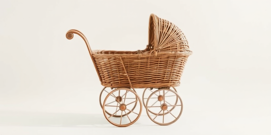 vintage wicker baby carriage on a plain background, shallow depth of field, natural sunlight, ISO 100, aperture f/2.8, 50mm lens, DSLR camera, soft focus, high resolution