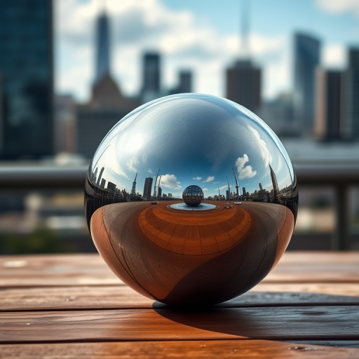 A highly reflective metallic sphere placed on a wooden table with a blurred city skyline in the background, captured with a DSLR camera at f/1.8 aperture, ISO 100, 50mm lens, in a soft focus style with natural lighting to enhance details and textures.