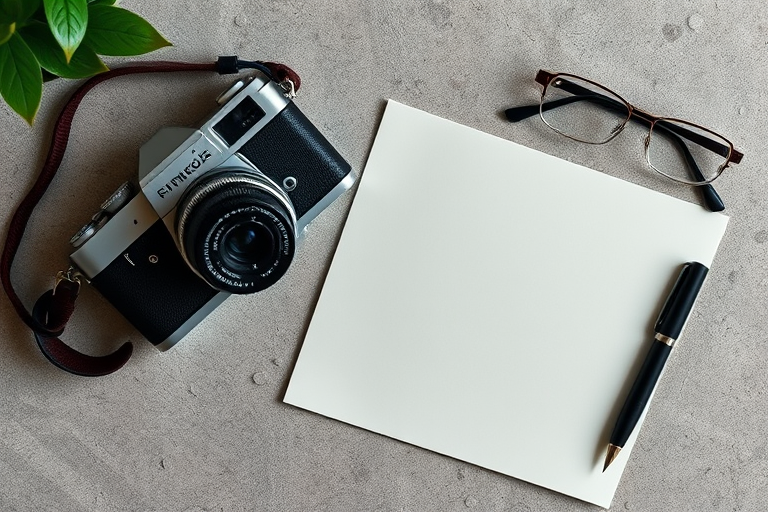 Create a high-resolution flat lay image featuring a vintage camera, a blank sheet of paper, a pen, and a pair of stylish glasses on a textured surface, using a 50mm lens at f/2.8 for a shallow depth of field and soft bokeh, with natural lighting from the left side, in a digital format.