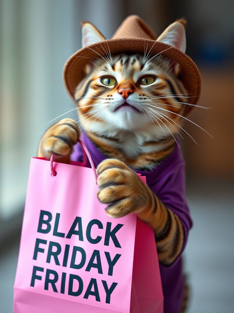 A playful cat wearing a hat and a purple shirt, smiling while holding a pink shopping bag with the text "BLACK FRIDAY," captured with a DSLR camera, aperture f/2.8, focal length 50mm, natural light, shallow depth of field, vibrant colors.