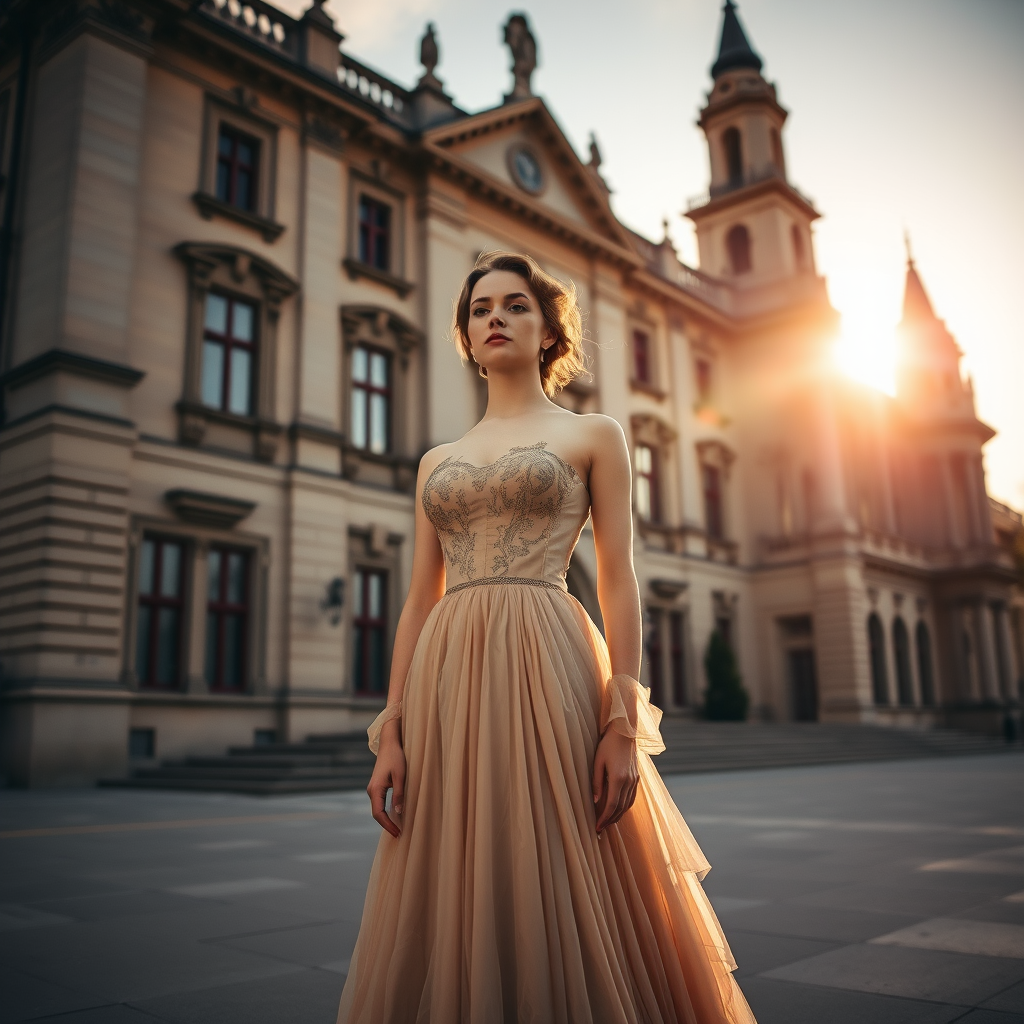 An elegant woman, dressed in a vintage gown, stands in front of a grand, historic building. The setting sun casts a warm, golden light on her
