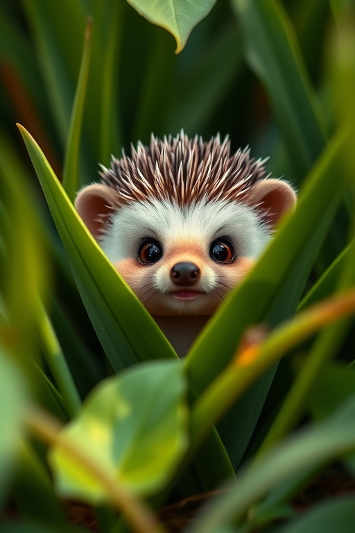 Create a cute cartoon hedgehog character peeking out from behind lush leaves, using a soft-focus effect, aperture f/2.8, 50mm lens, natural lighting, and high-resolution digital photography for enhanced details.