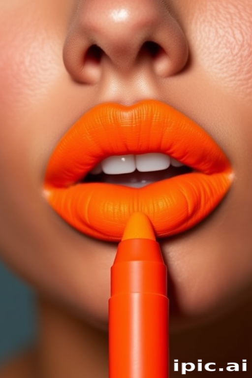 Electric neon orange matte lip crayon with precise application, titled "Citrus Surge," offering long-lasting color and a comfortable, non-drying formula, ideal for statement-making styles