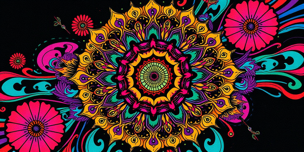 Psychedelic tattoo inspired by 1960s artwork, kaleidoscopic patterns and vibrant neon colors, optical illusions and trippy visual effects, mind-bending and mesmerizing design