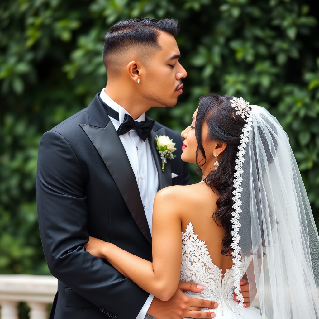 A romantic wedding scene featuring a stylish couple sharing an intimate moment with the groom kissing the bride on the forehead the bride in an elegant white gown adorned with intricate details wearing a delicate veil and sparkling earrings the groom in a classic black tuxedo with lush greenery in the background creating a beautiful atmosphere