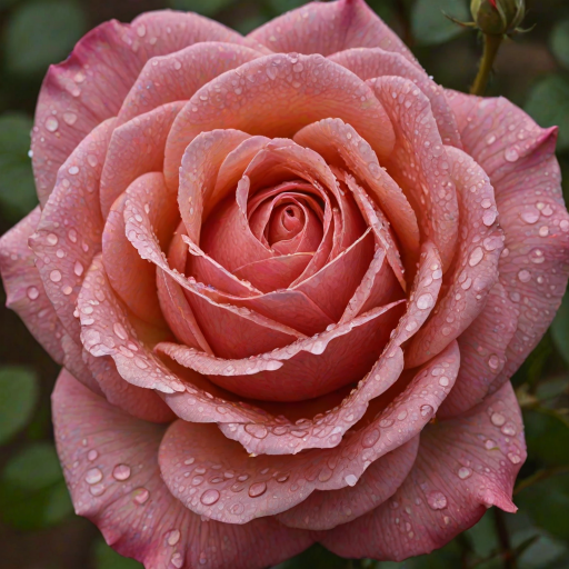 Create an image of a single rose with dew drops on its petals. The rose should be in full bloom and the background should be blurred with a hint of greenery. The rose should be captured from a side angle, showcasing its vibrant color and intricate petal structure.