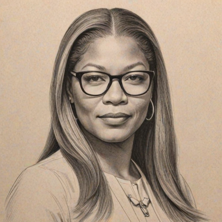 Magnificent Queen Latifah, pencil sketch, portrait of Graceful woman 1970s in glasses, hair style beatnik, outline, clear lines, fine lines, 8k